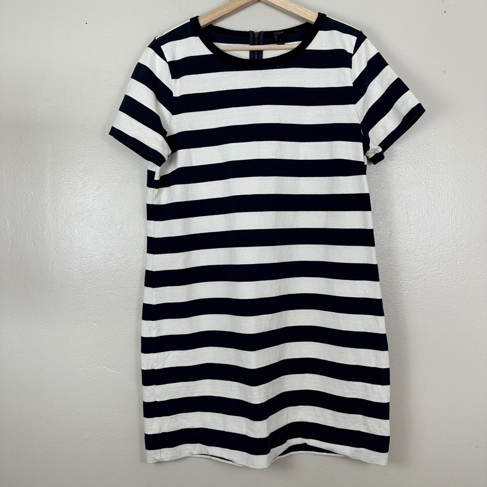 J.Crew Women's L Shift Dress Navy White‎ Striped Cotton Short Sleeve 61028